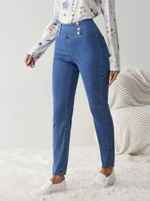 Quần Jeans Ôm Vừa Cạp Cao Khóa Kim Loại Thường Ngày Cho Nữ - Màu xanh lam - Xem 3