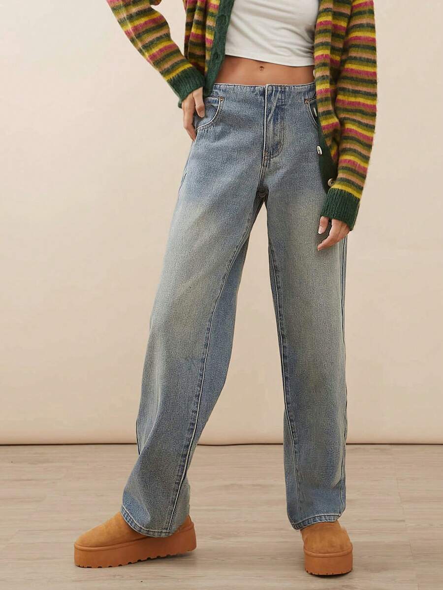 WESTFADE Premium Denim Low Rise 100% Cotton Straight Leg Jeans - Medium Wash - View 1