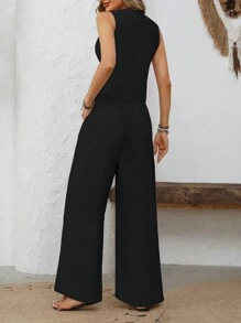 Chiquease Women's V-Neck Sleeveless Blouse With Faux Pocket & Triangular Hem & Chiffon Fabric Vest + High-Waisted Pleated Side Pocket Straight Leg Pants 2 Pieces Set - Black - View 2