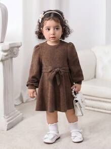 SHEIN Baby Girl Mommy & Me 棕色针织松紧腰长袖连衣裙，秋冬款