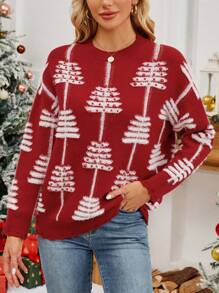 SHEIN Unity Women's Christmas Pattern Oversized Pullover Sweater, Sweet & Youthful, Knit Pullover Fall Winter - Red - View 6