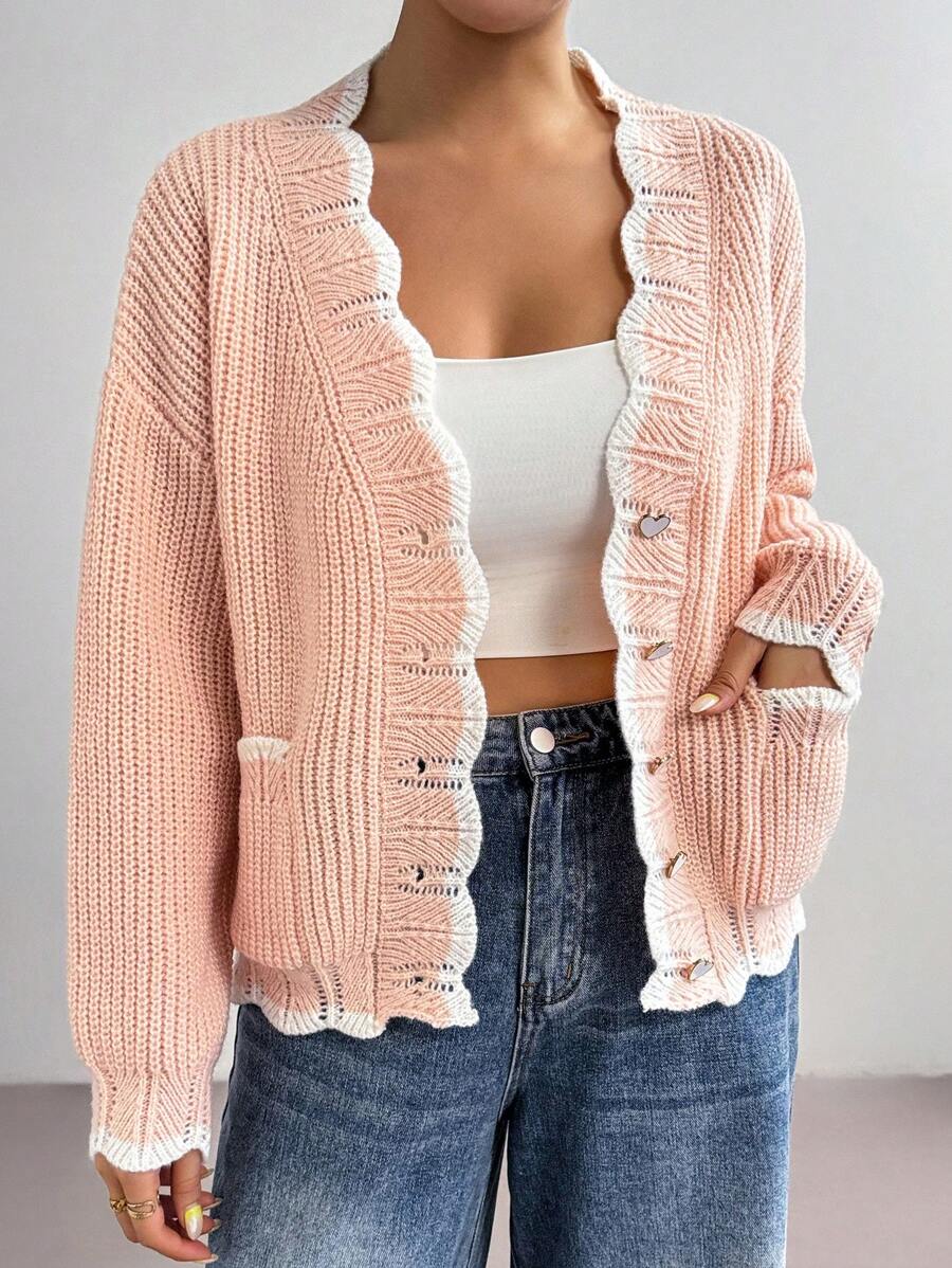 Chiquease Casual Contrast Color Trim Double Pockets Cardigan, Autumn/Winter
