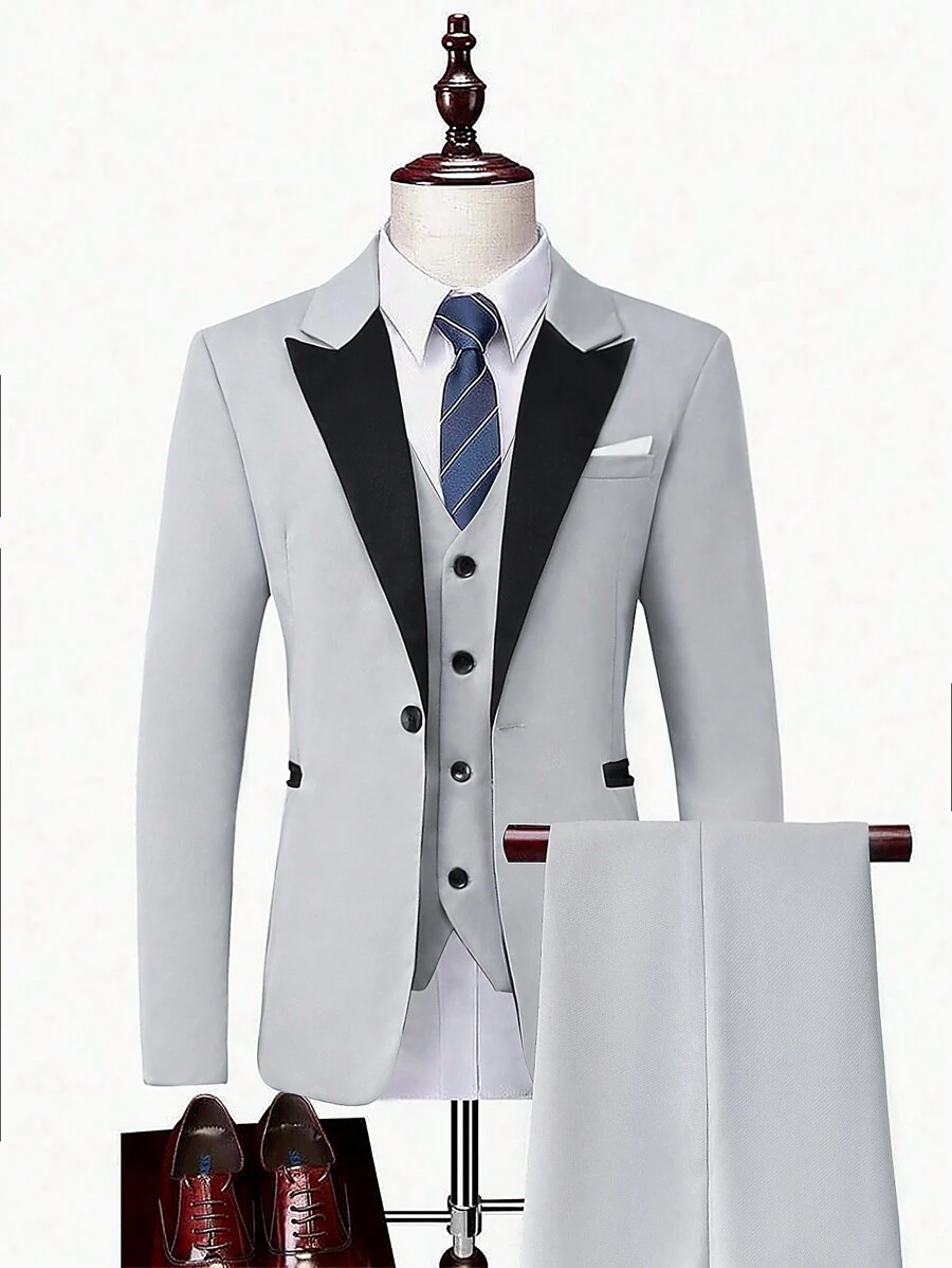 Manfinity Mode 2pcs Men's Contrasting Collar Jacket And Trousers Suit - Grey - View 1