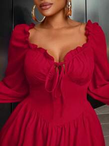 Rometta Lady's Red Christmas New Year Long-Sleeved Dress With Ruffled Decoration - Red - View 3