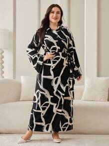 Modelyn Set de 2 piezas: blusa de talla grande con botones y estampado total + falda con cintura anudada - Blanco y Negro - Ver 4