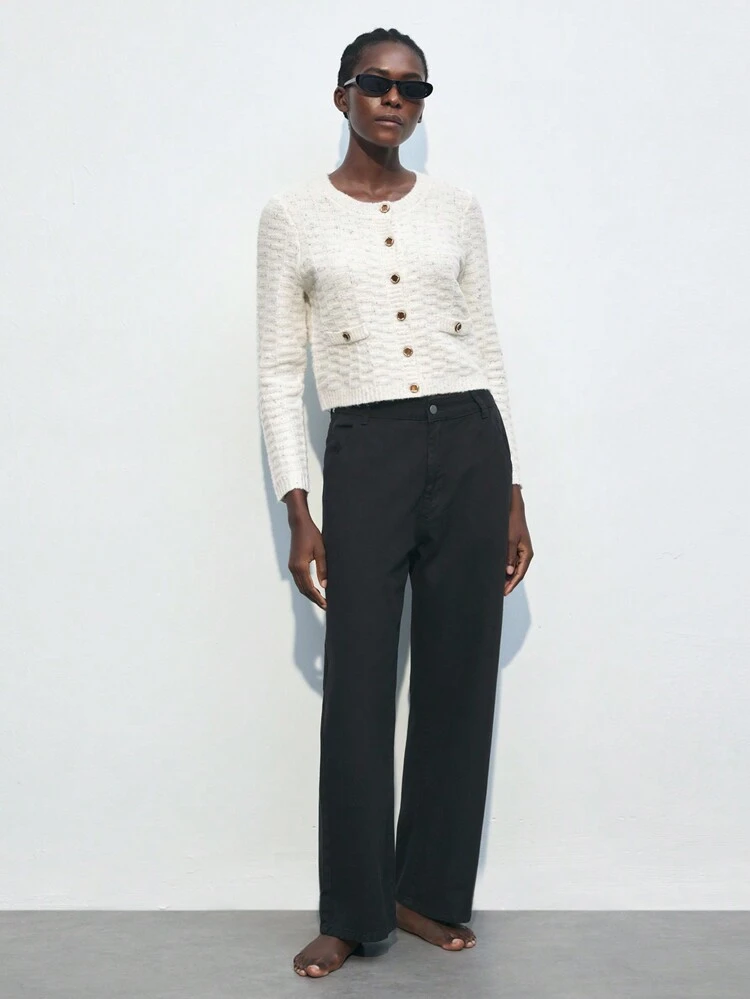 SHEIN Maija Women's Spring Metal Button Decor Crew Neck Solid Color Long Sleeve Casual Top With Faux Pocket, Simple Knit Sweater, Suitable For Daily Wear