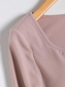SHEIN BASICS Casual Solid Color Knit Long Sleeve Sweetheart Neck Fitted Women T-Shirt - Apricot - View 4