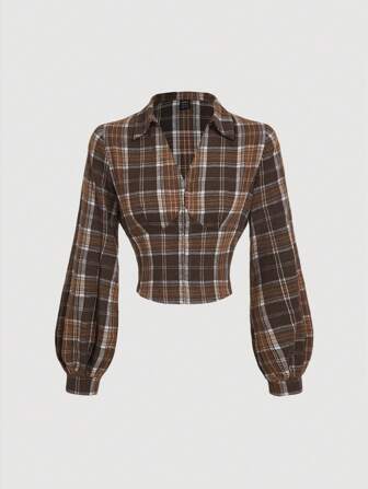 SHEIN MOD Vintage kariertes Hemd mit Wendekragen und Langarm, kariertes Damenhemd, Langarmbluse, Festival Hemd, Schulanfang Shirt, Knopfleiste Bluse, Basis Weit Ärmel Shirt, Arbeitsbluse für Damen, Arbeitskleider, Old-Money-Stil, formelle Bluse, Abschlussball, Homecoming, Business-Lässig-Damen, Bürokleidung Damenhemd, Neujahr, Koreanische Mode, Renaissance Messe