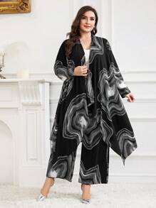 Modelyn Plus Size Swirl Print Jacket And Pants 2 Pieces Set, Casual, Autumn 2 Pieces Set - Black and White - View 2