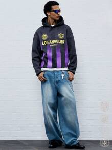 Manfinity VCAY Men's Loose Fit English Graphic Print Hooded Sweater, For Fall Winter - Dark Grey - View 2