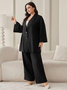 Mulvari Plus Size Solid Color Single Breasted Long Sleeve Blazer And Trousers Suit - Black - View 5