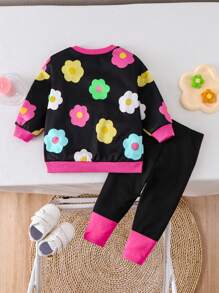 SHEIN Bộ 2 món áo nỉ hở vai in họa tiết hoa nhiều màu sắc cho bé gái và quần legging bó màu tương phản - màu đen - Xem 2