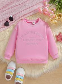 SHEIN Bé gái Vòng cổ Tay áo dài Áo nỉ Với Mặt trước Thêu Tiếng Anh - Hồng - Xem 1