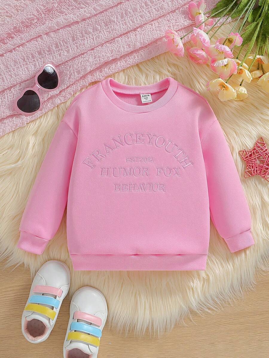 SHEIN Bé gái Vòng cổ Tay áo dài Áo nỉ Với Mặt trước Thêu Tiếng Anh - Hồng - Xem 1