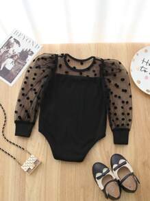SHEIN Baby Girl Long Sleeve Polka Dot Mesh Contrast Knitted Bodysuit - Black - View 2