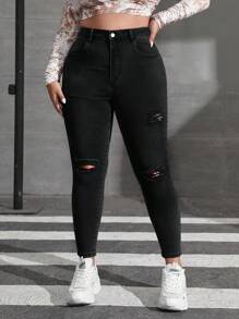 SHEIN ICON Jeans informales de talla grande para mujer con diseño de bolsillos desgastados y silueta ajustada - Azul lavado medio - Ver 1