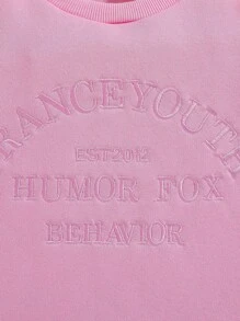 SHEIN Bé gái Vòng cổ Tay áo dài Áo nỉ Với Mặt trước Thêu Tiếng Anh - Hồng - Xem 4