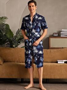 男士全印花系带短袖家居服、日常休闲服 - 藍色 - 查看 3