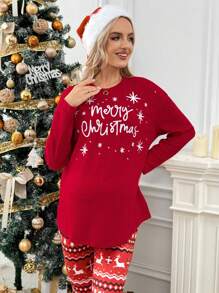 SHEIN Maternity Christmas Red Crewneck T-Shirt, For Fall Spring - Red - View 3
