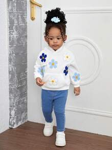 SHEIN Leap Crew Baby Girl Cute Floral Embroidered White Hooded Sweatshirt For Fall & Winter - White - View 7