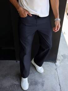 Manfinity Homme 男士简约前扣口袋休闲长裤，日常穿着，秋季 - 藏蓝色 - 查看 4