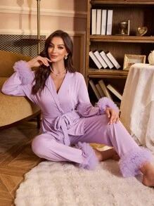 Women's Solid Color Mesh Patchwork Long Sleeve Pajama Set - Mauve Purple - View 4
