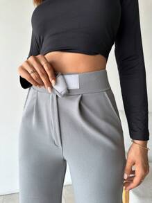 SHEIN Cottnline Women Solid Color High Waist Straight Pants - Grey - View 1
