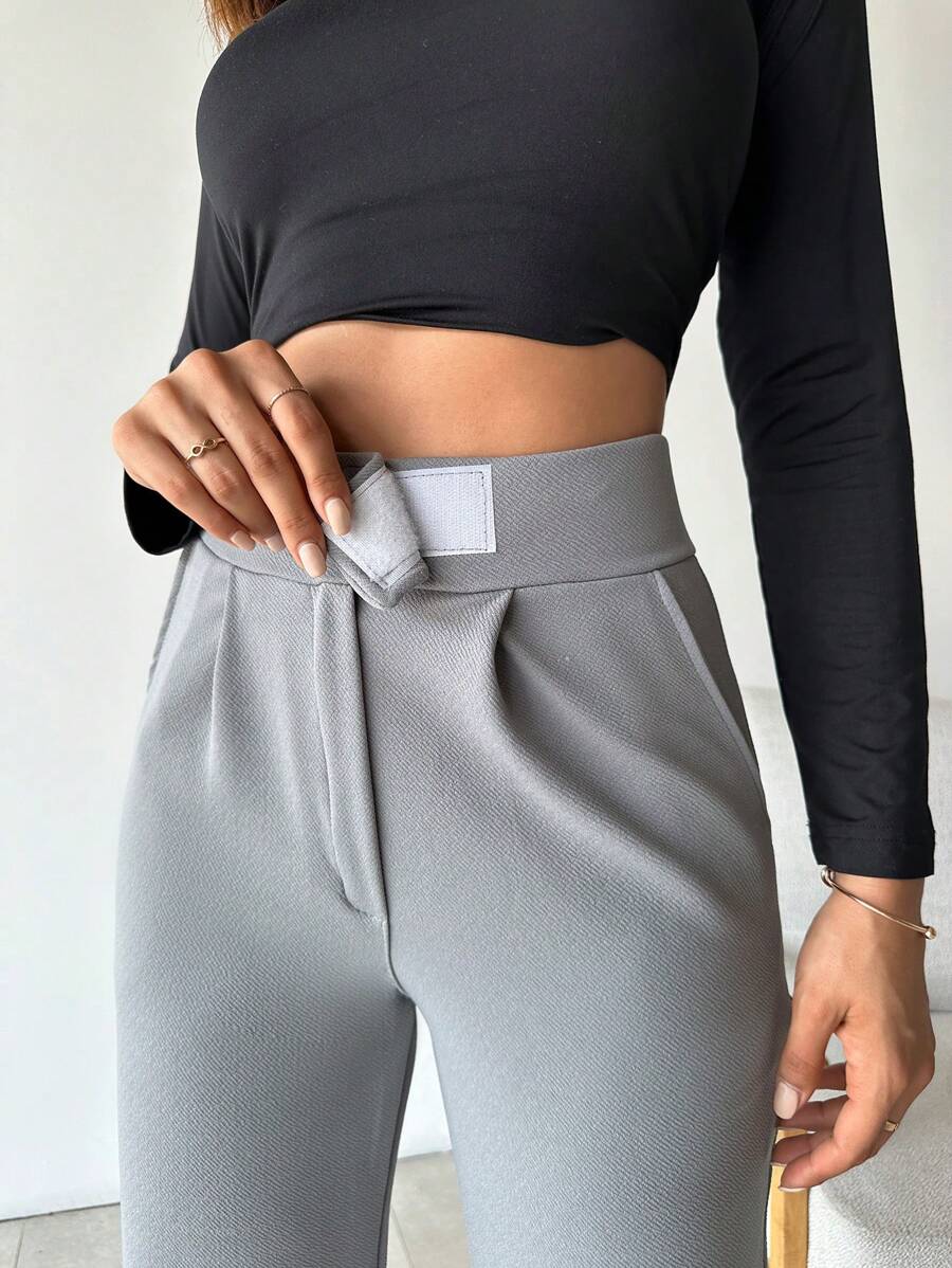 SHEIN Cottnline Women Solid Color High Waist Straight Pants - Grey - View 1
