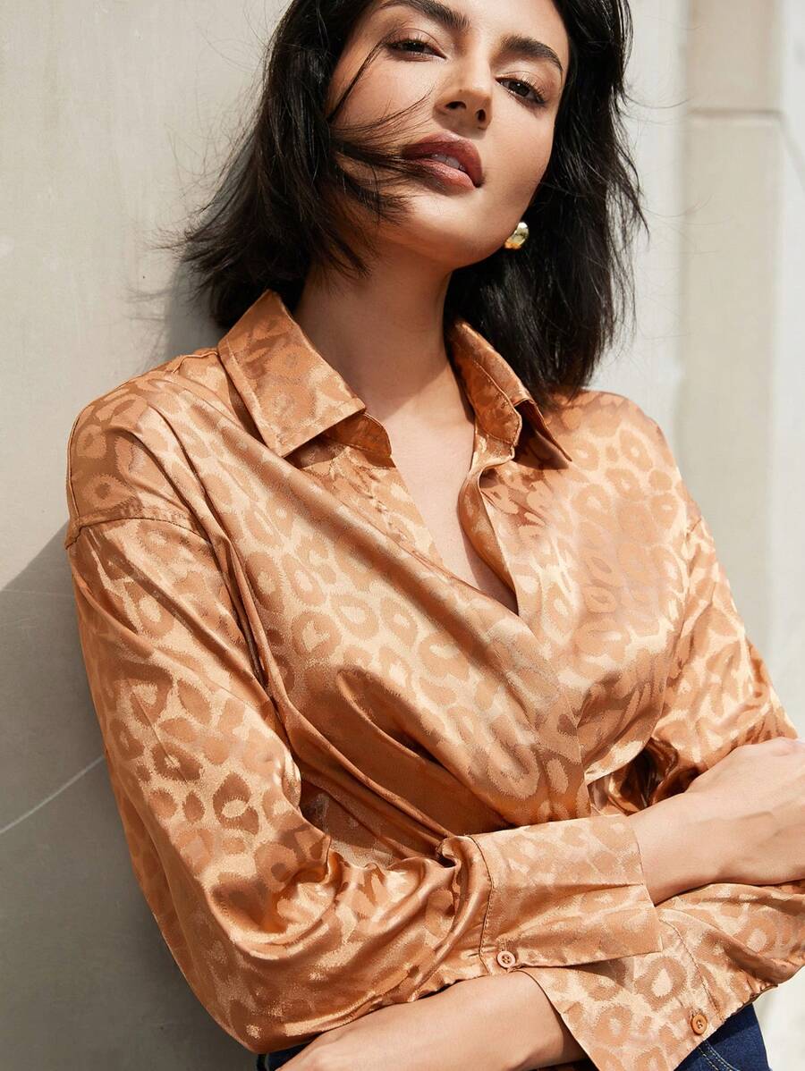 SHEIN Privé Elegant Fashion Stylish Keyhole Cutout Shoulder Front Button Closure Fit And Flare Long Sleeve Dress Fall Cloth For Women - Coffee Brown - View 1