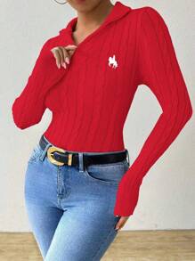 SHEIN Unity Autumn/Winter Slouchy Horse Logo Half Zip Cable Knitted Sweater For New Year , Long Sleeve Top Fall - Red - View 6