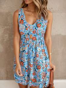 SHEIN LUNE Đầm ngắn thường ngày không tay cổ chữ V in hoa toàn thân cho nữ - Màu xanh lam - Xem 1