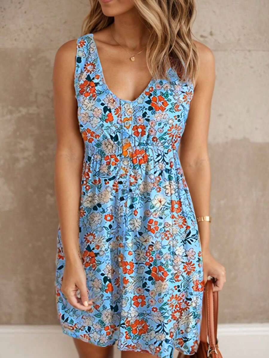 SHEIN LUNE Đầm ngắn thường ngày không tay cổ chữ V in hoa toàn thân cho nữ - Màu xanh lam - Xem 1