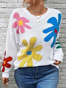 SHEIN Unity Plus Size Floral Print Crew Neck Long Sleeve Sweater Knit Pullover Fall Winter - White - View 7