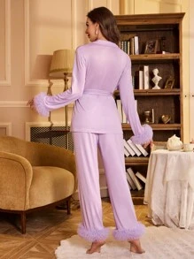 Women's Solid Color Mesh Patchwork Long Sleeve Pajama Set - Mauve Purple - View 2