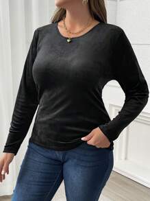 SHEIN LUNE Camiseta de manga larga de cuello redondo con ajuste entallado de unicolor en talla grande