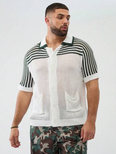 Manfinity VCAY Men's Plus Size Loose Gradient Striped Revere Collar Short Sleeve Cardigan, For Fall Winter