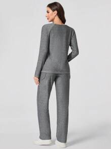 TaskEZ 1 Set Plain Round Neck Long Sleeve Top And Pants Nursing Scrub Uniform Set - Grey - View 2