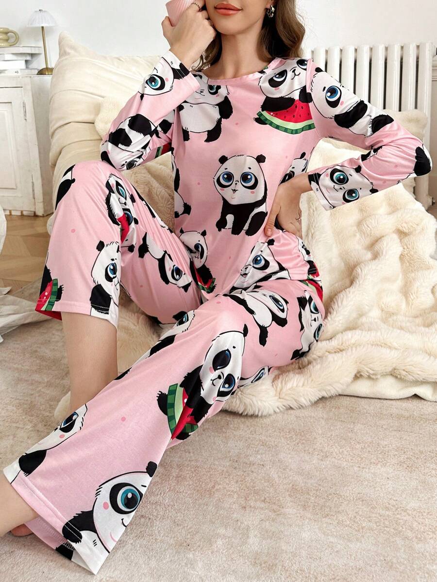 可爱卡通熊猫印花长袖圆领睡衣套装 - 粉色 - 查看 1