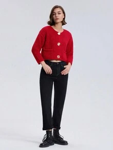 休闲纯色前扣落肩宽松开衫，带口袋，适合秋冬季日常穿着 - 紅色 - 查看 4