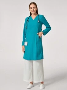 TaskEZ Solid Color V-Neck Long Sleeve Nurse Dress With Pocket - Dark Green - View 3
