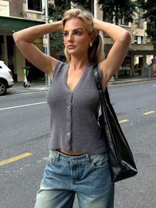 Forever 21 Gray Sleeveless Simple Front Button Up Knit Top, Summer - Grey - View 1