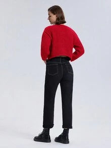 休闲纯色前扣落肩宽松开衫，带口袋，适合秋冬季日常穿着 - 紅色 - 查看 2
