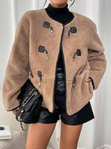 Chiquease Women's Soft Fuzzy Metal Clasp Design Casual Open Front Jacket - Brown - View 2