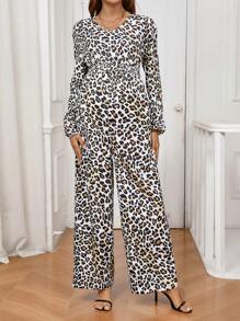 SHEIN Fashionable V-Neck Leopard Print Long Sleeve Wide Leg Jumpsuit, For Maternity - Multicolor - View 4