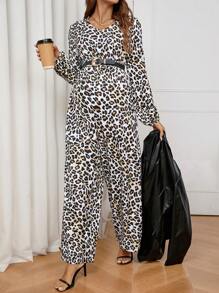 SHEIN Fashionable V-Neck Leopard Print Long Sleeve Wide Leg Jumpsuit, For Maternity - Multicolor - View 3