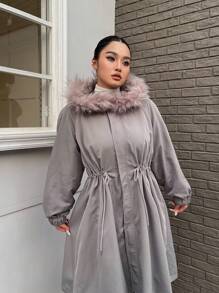 Flirla Áo khoác dài tay có mũ trùm đầu, dây rút eo, dáng rộng cho nữ cỡ lớn, quần áo thu đông - Xám - Xem 7