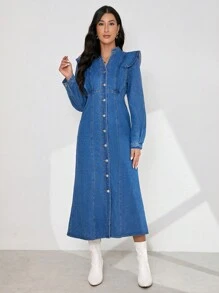 SHEIN Essnce Women's Denim Blue Puff Sleeve Waist Cinched Dress - Blue - View 3