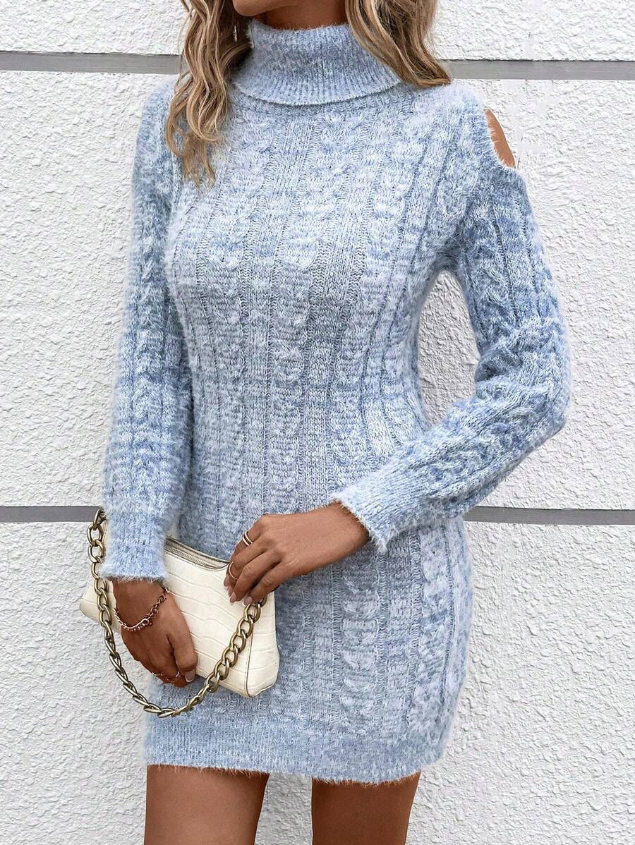 SHEIN LUNE Women High Collar Open Shoulder Long Sleeve Knit Sweater Dress, Mixed Fabric (Random Yarn Color), Autumn/Winter - Multicolor - View 1