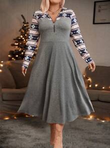 Plus Size Women's Snowflake Pattern Zip-Up Half-Placket Long Sleeve Casual Dress,Christmas