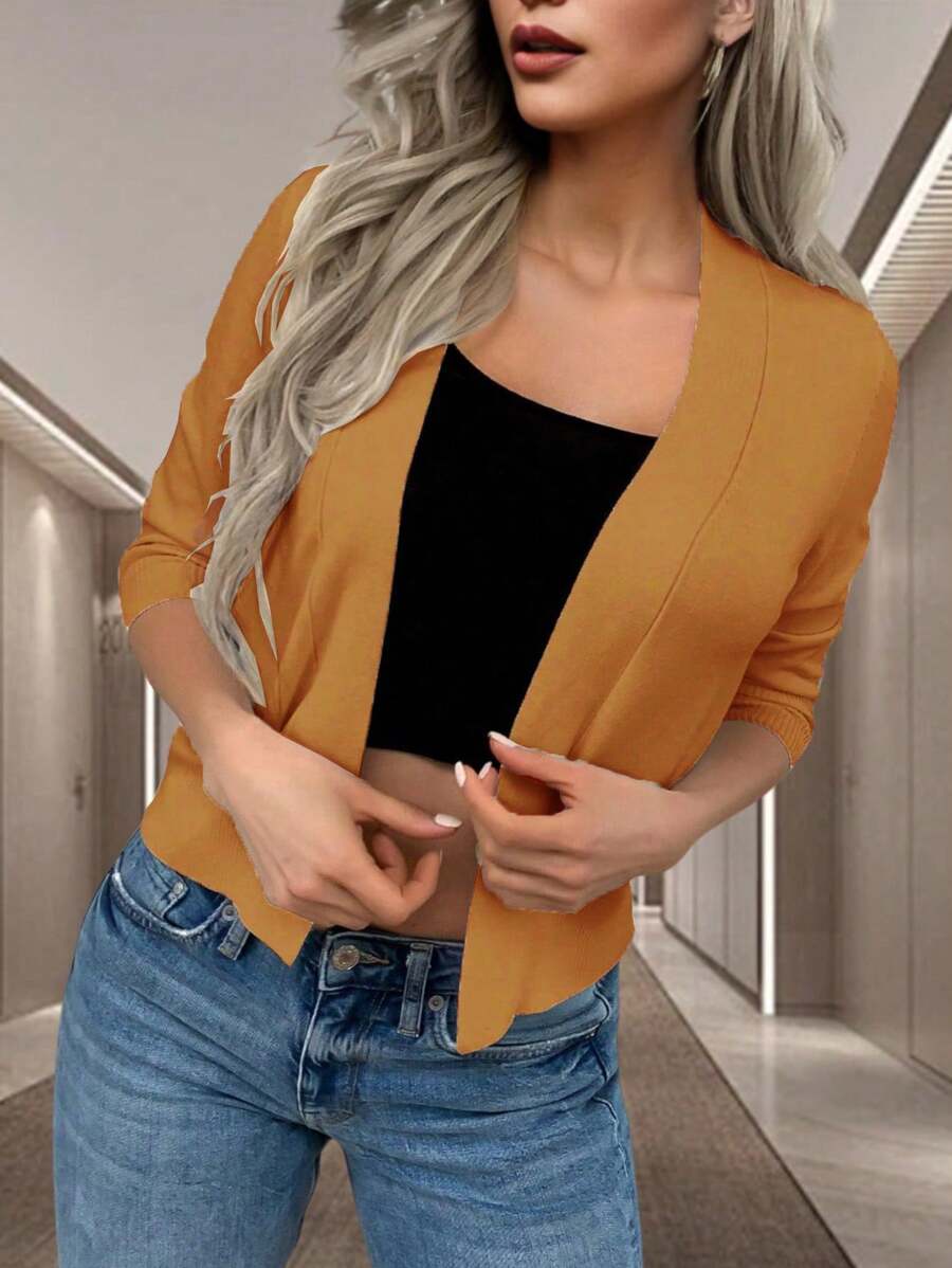 Pariaura Women's Casual Solid Color Short Sleeve Lightweight Cardigan - Rust Brown - View 1